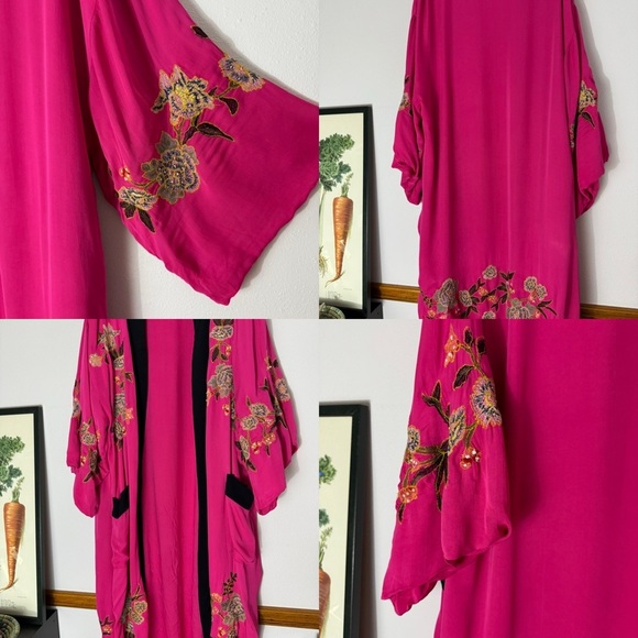 Free People hot pink embroidered floral long kimono size XS/S - Picture 7 of 16